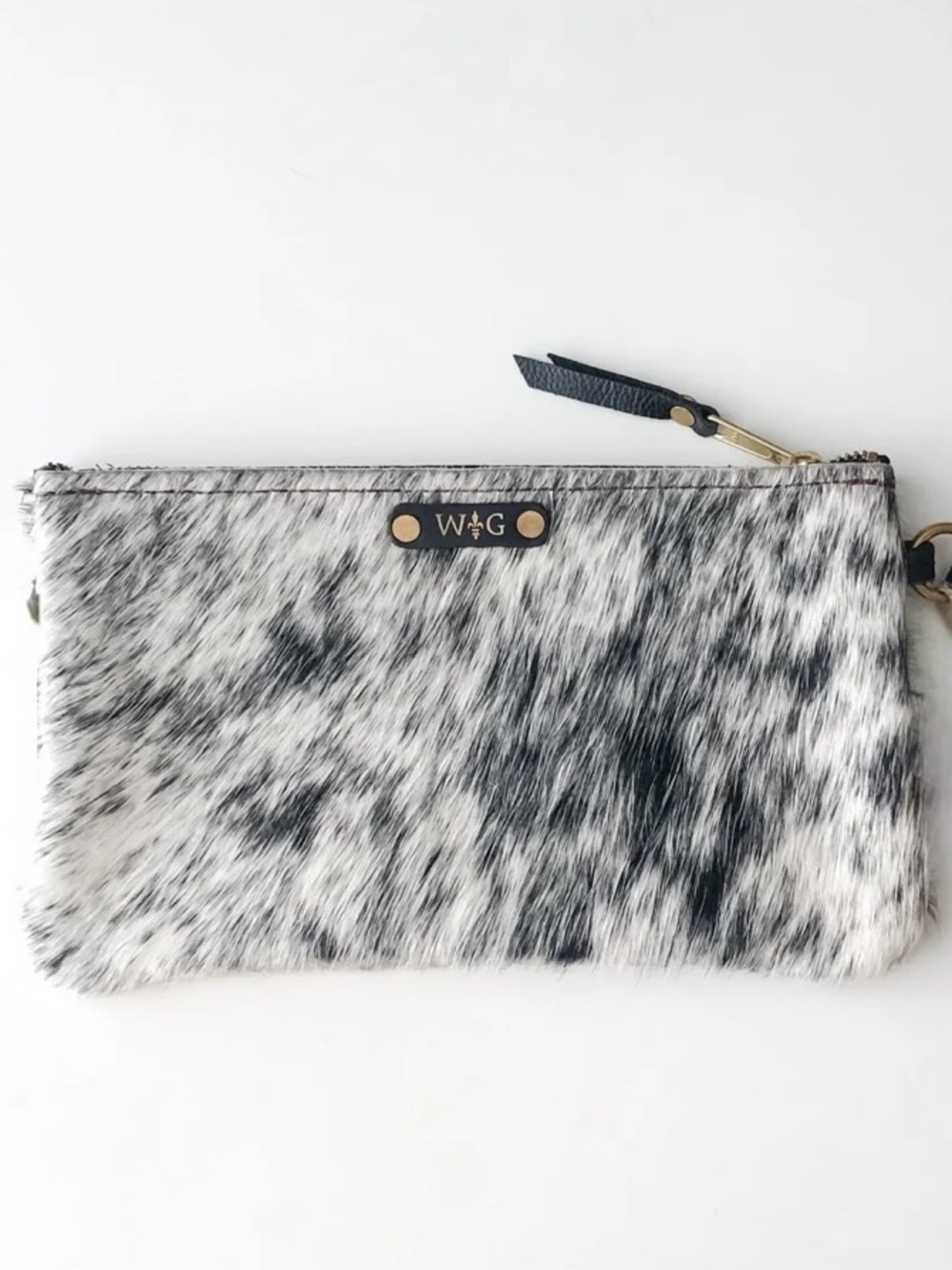 W+G, Speckled Black and White Cowhide Wristlet